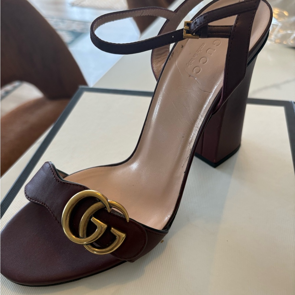 Gucci Burgundy Leather Block Heel Sandal with Gold Double G